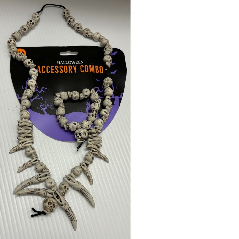 Halloween Skull Necklace & Bracelet Combo 2 Pc Set Teeth 18" Costume Accessory